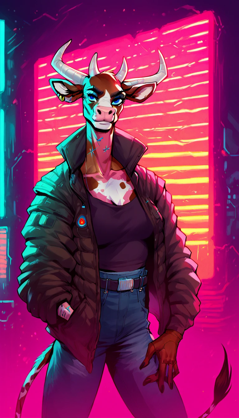 score_9, score_8_up, score_7_up, (cyberpunk buildings, cyberpunk neon signs, cyberpunk cars, cyberpunk-style city on background),
((Cow:1.2), anthro, solo, female, (closeup, portrait, standing), (holding boobs), ((wearing clothes)), ((have fur)), beautiful, (have cyberpunk augmentations, cyberpunk implants, cyberpunk-style additions:1.5)