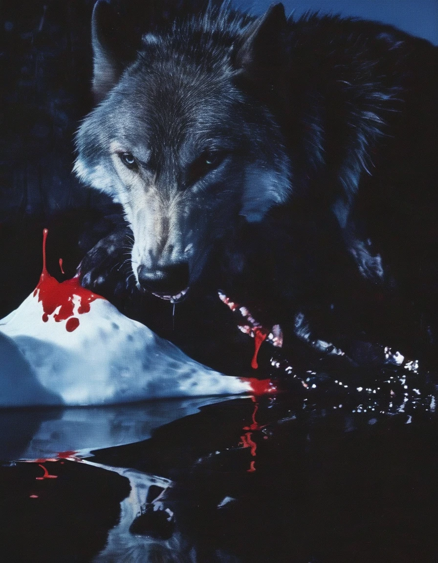 film photography, vintage, close up photo of black wolf eating white swan covered in blood in black water, blue dark forest night background