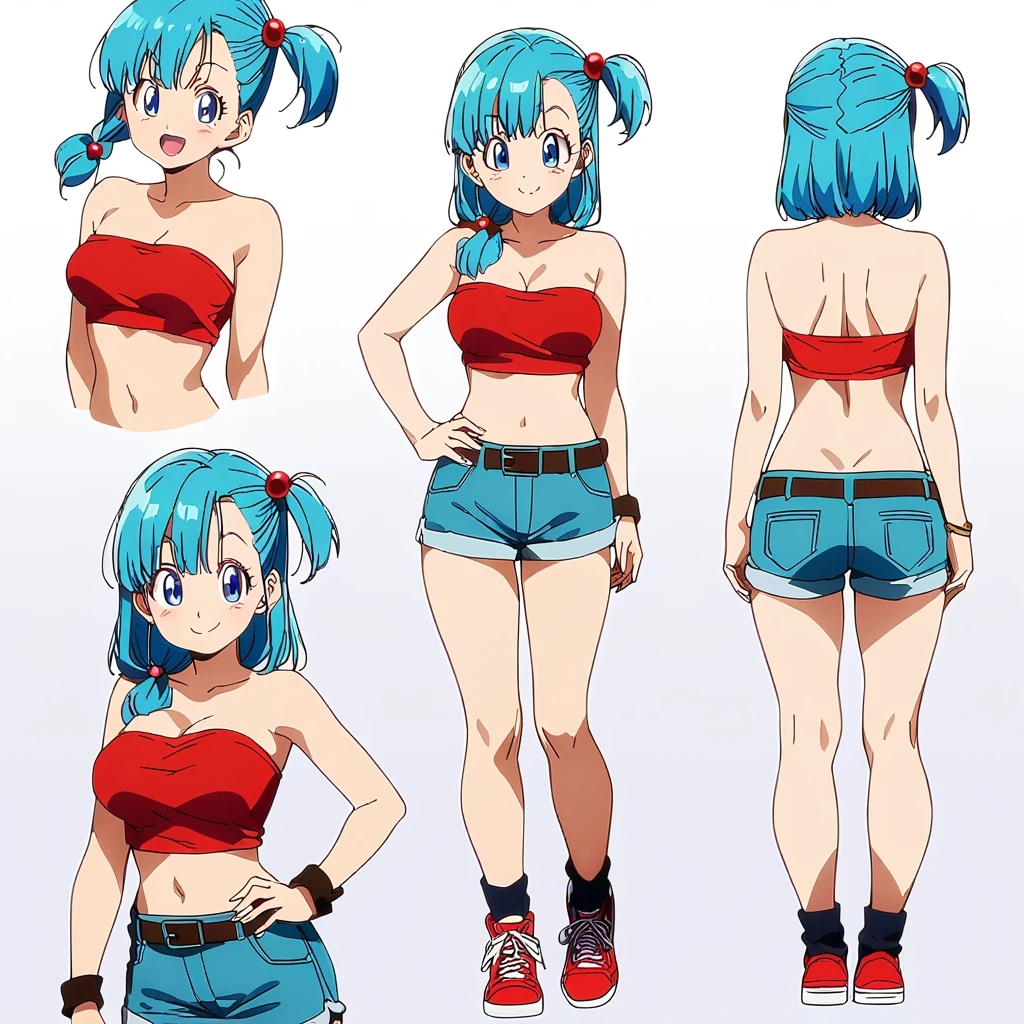 score_9, score_8_up, score_7_up, BREAK back view, arched back,,standing,,fullbody,1girl,bulma, blue eyes, blue hair,bare shoulders, belt, , hair bobbles, hair ornament, hair over shoulder,medium breast,m, navel, one side up, red tube top, shorts,ass, side ponyl, (strapless, tube top,under_boob:1),,,lookingviewer,facial expression,smile,masterpiece, best quality,  detailed body, highly detailed, anime coloring.anime,[anime_screencap:0.8] , highly detailed,