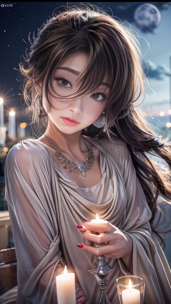 (32k:1.5, Highest quality, masterpiece, Ultra-high resolution), Perfect dynamic composition, Professional camera work:1.6, Very detailedな肌と顔の質感:1.3, Mysterious portrait:1.3, Very accurate, Very detailed, One Girl, ((Night view from the rooftop, The moonlight at night illuminates my body)), (Pink Satin Nightgown:0.7), Incredibly slim body, Fair skin, Very beautiful face, Expressions of sadness, (Big eyes that exude beautiful eroticism:0.9, A dreamy look:1.0, I love you with all my heart:0.8, Please open your mouth a little, lipstick, Feel the beautiful eroticism:0.7), (Wet dark brown medium length hair), Candles, The chest is medium, Earrings, necklace, bracelet, Tilt, get up, ((attractive, Hair blowing in the wind))