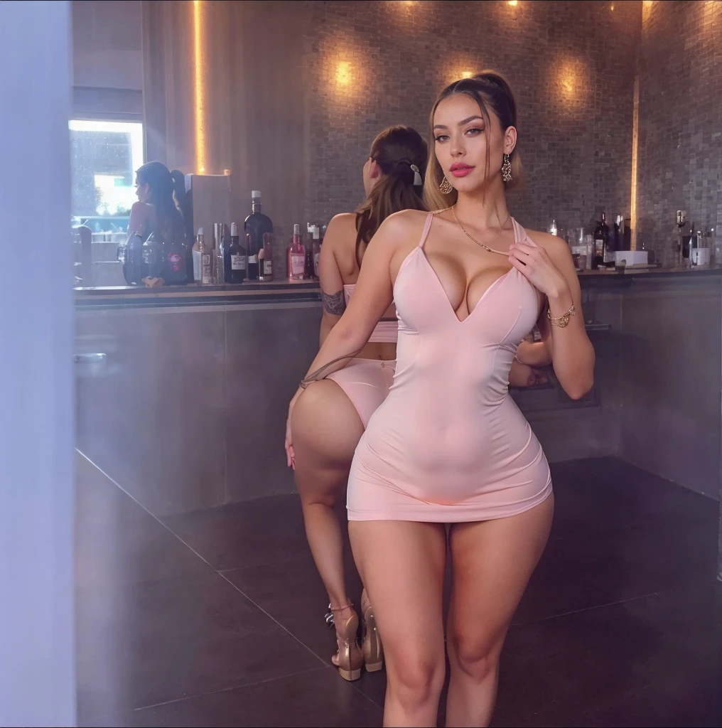 arafed women,a picture by Adrian Zingg, reddit, arabesque,((slim thick body:1.4)), (((dressed in for a party showing curvy fit ass)), anna nikonova aka new milky,((full body1.2)), angelawhite, wearing lipstick,sexy earrings,fit,busty,curvy ,makeup as a jessica rabbit,stunning girl,blonde,ponytail,looking at camera,detailed face, (((detailed face and eye)))