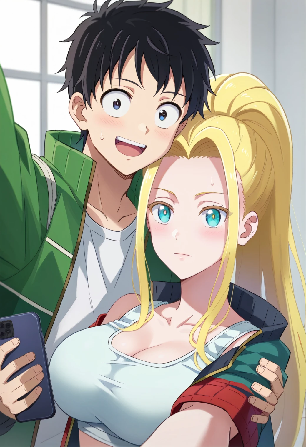 Selfie, One girl, One boy, Embrace, Break Tendo Akira, White shirt, Green jacket, Open jacket, Beatrix Ammerhauser, White tank top, Bare shoulders, BREAK
score_9, score_8_superior, score_7_superior, score_6_superior, anime
