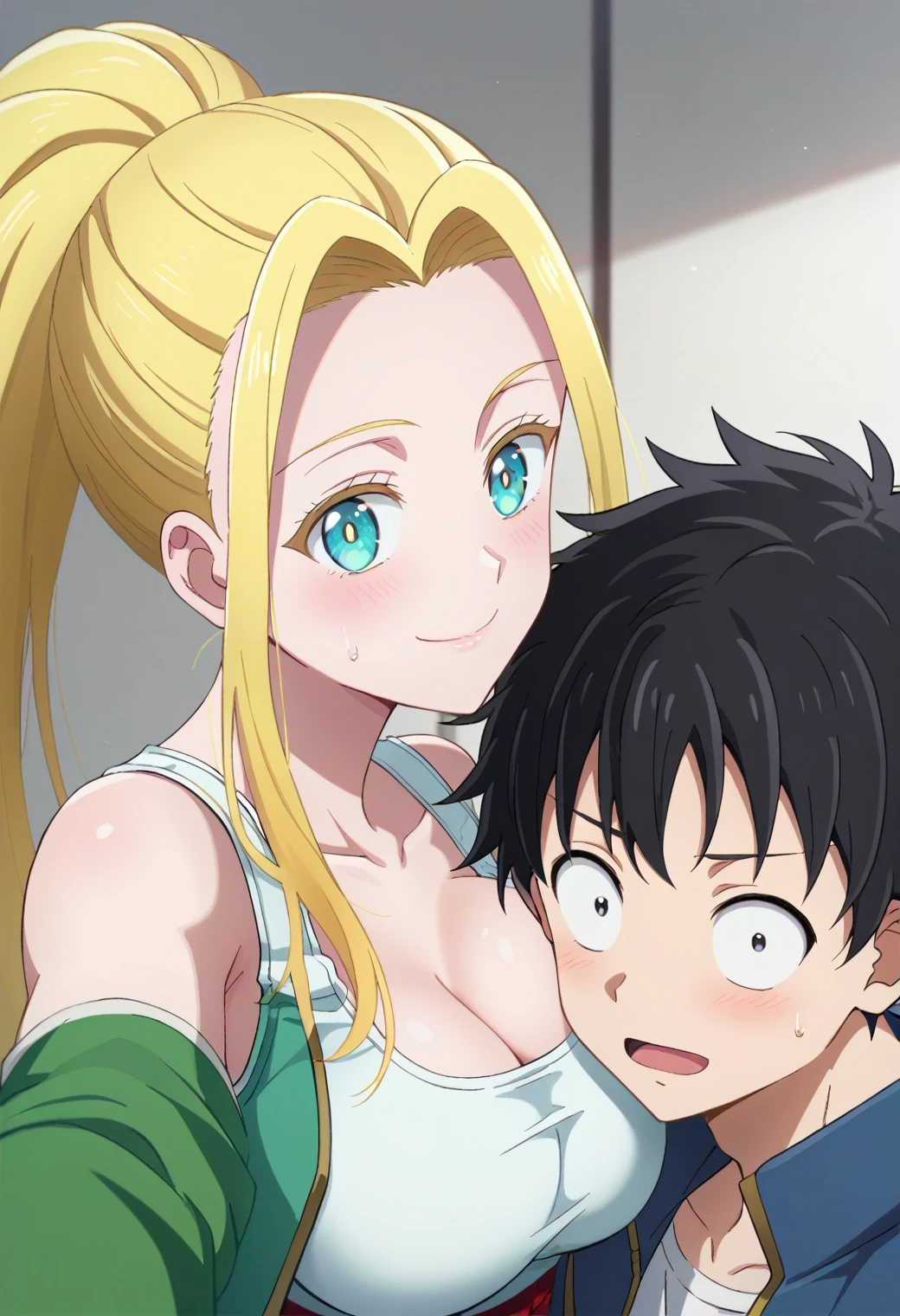 Selfie, One girl, One boy, Embrace, Break Tendo Akira, White shirt, Green jacket, Open jacket, Beatrix Ammerhauser, White tank top, Bare shoulders, BREAK
score_9, score_8_superior, score_7_superior, score_6_superior, anime