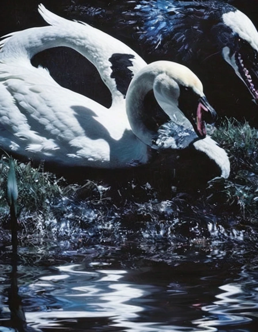 film photography, vintage, close up photo of white swan in black water, blue dark forest night background