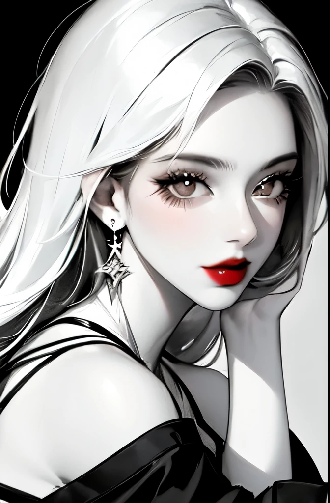 1 Girl, Solitary, have, Lipstick, Red lips, Long hair, skirt, low-cut neckline, cosmetic, monochrome, White background, earrings, cleveage, Jewelry, Upper Body, Spot Color, Shoulder-length hair,Dark theme,shining,shining skin,Mature Woman,(Mature female:1.2), 