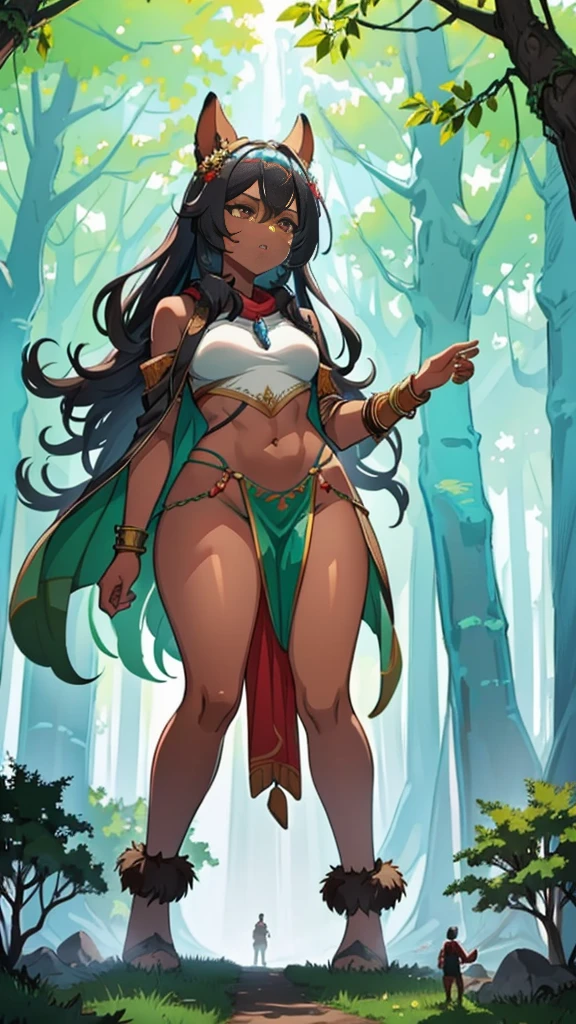 In a forest of large trees there is an even larger Amazonian giantess, with brown skin, black hair, thin, with clothes of the forest, and with very long legs, she is looking for small human invaders of the forest to destroy them so that they do not disturb the peace of the forest. Giantess, goddess, hot, black skin, tall legs, sexy, tiny people, tiny humans, crush, forest, trees, standing, group of small people, slim body, angry, gore