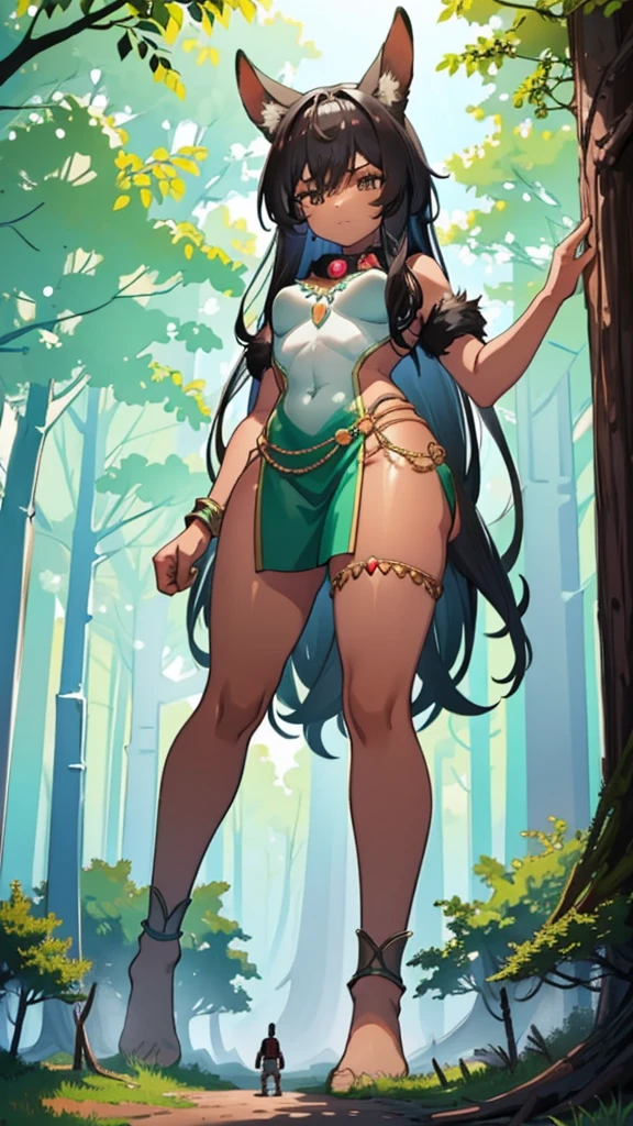 In a forest of large trees there is an even larger Amazonian giantess, with brown skin, black hair, thin, with clothes of the forest, and with very long legs, she is looking for small human invaders of the forest to destroy them so that they do not disturb the peace of the forest. Giantess, goddess, hot, black skin, tall legs, sexy, tiny people, tiny humans, crush, forest, trees, standing, group of small people, slim body, angry, gore