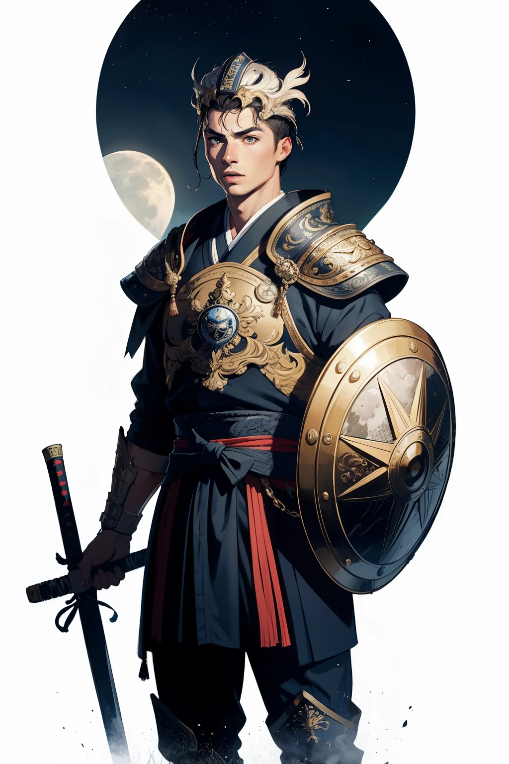 The beautiful drawing depicts Cristiano Ronaldo wearing samurai armor and an ornate helmet, He carries a decorated sword, with "cr7" Elegantly written on the shield. Cristiano stands proudly on top of the hill, with the moon glowing in the night sky behind him, Add a touch of magic and grandeur to the artwork. Make clear facial features 