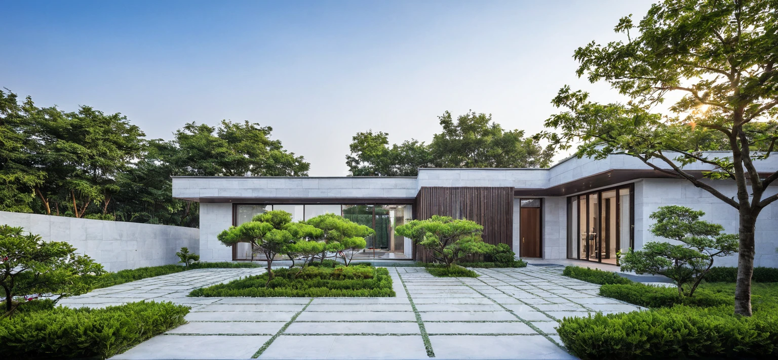 qlcd,tingyuan, photo of modern villa, grassland, garden, shrubs and trees, rock decoration, clear sky, sun light, realistic photo