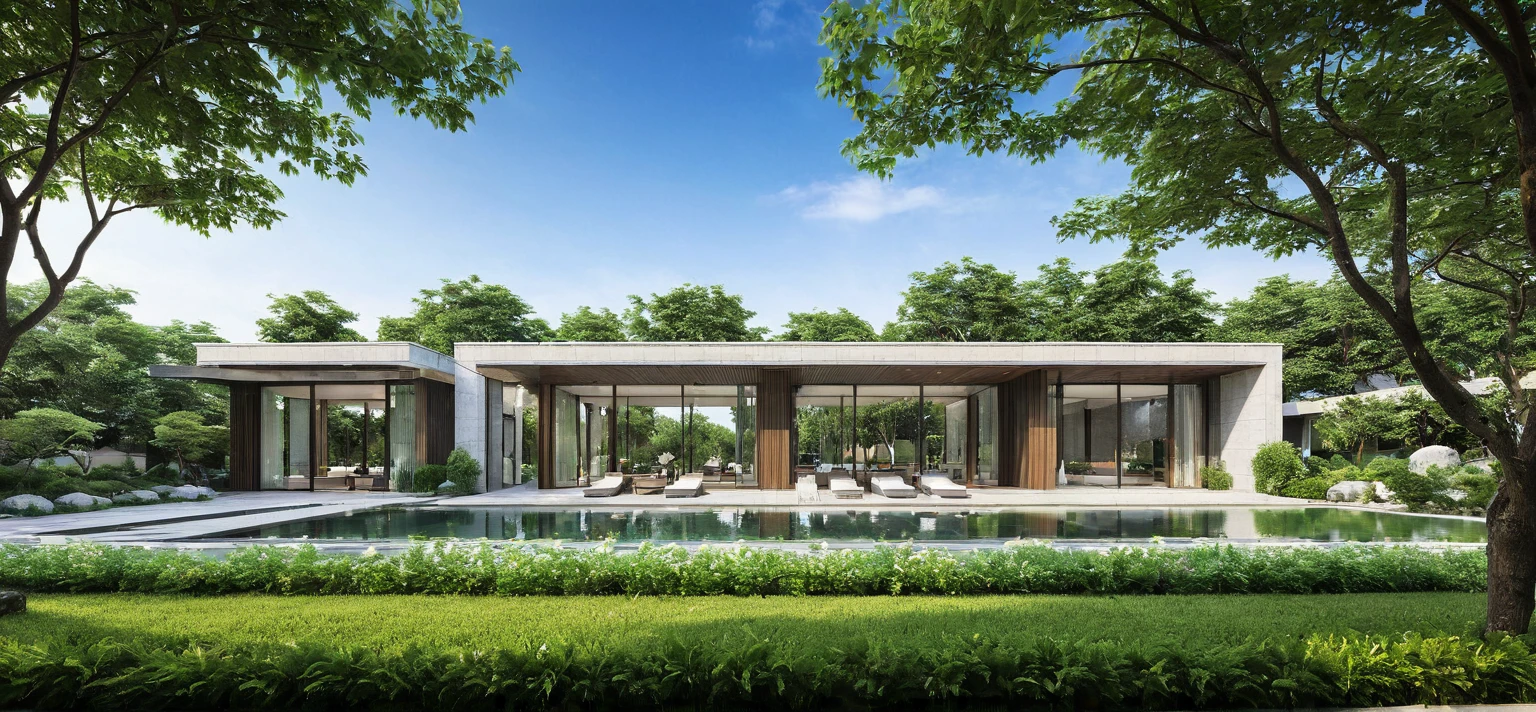 qlcd,tingyuan, photo of modern villa, grassland, garden, shrubs and trees, rock decoration, clear sky, sun light, realistic photo
