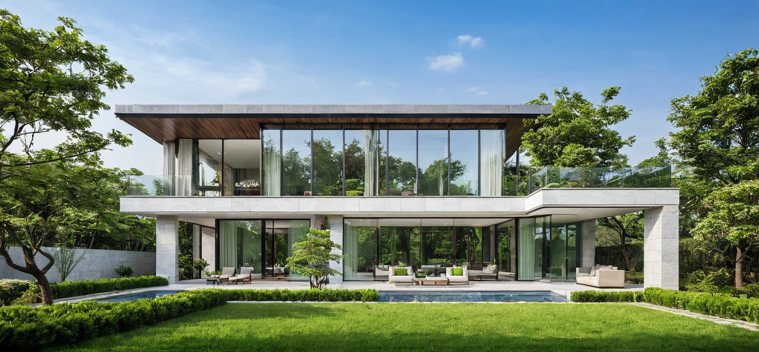 qlcd,tingyuan, photo of modern villa, grassland, garden, shrubs and trees, rock decoration, clear sky, sun light, realistic photo