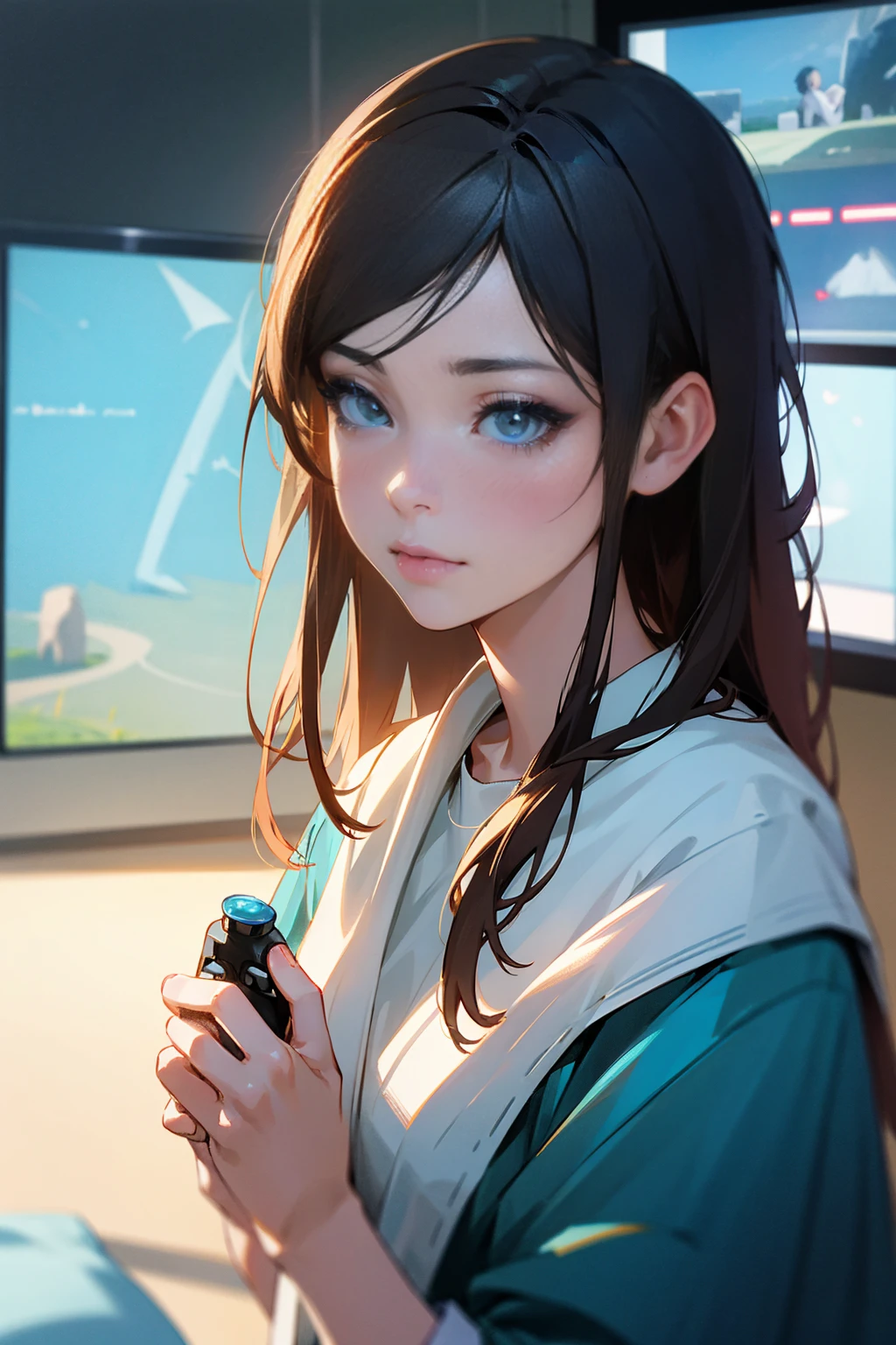 Photorealistic、Highest quality、Highest Resolution、Highest quality、8K、Beautiful images、One beautiful woman、Beautiful woman、Delicate face、Inside the room、Play games、face the tv、Holding a game controller、