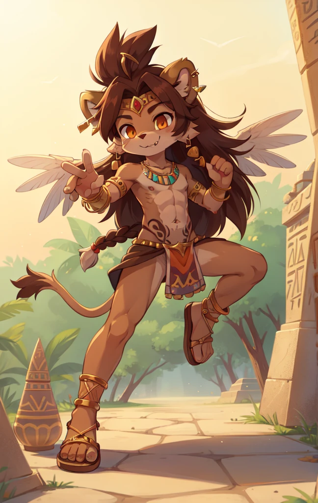 1boy, male focus, brown hair, solo, tail, wings, jewelry, furry, horns, braid, animal ears, loincloth, looking at viewer, earrings, lion ears, full body, long hair, lion boy, sandals, furry male, navel, smile, pelvic curtain, lion tail, fang, orange eyes, tattoo, body fur, brown fur, stomach, piercing, bracelet, necklace, standing, leg up, collarbone, closed mouth, ear piercing, egypt, clear sky, feets with three toes, 3 toes,
