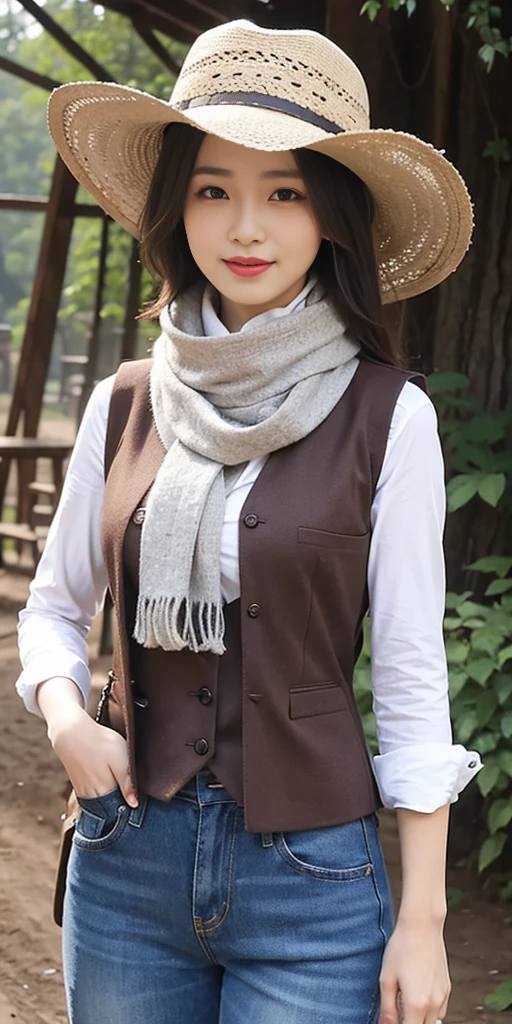 portrait of beautiful women in muddy farm:1.2 , cowboy hat, fringed waistcoat , trousers, scarf , confidence , medium breast,