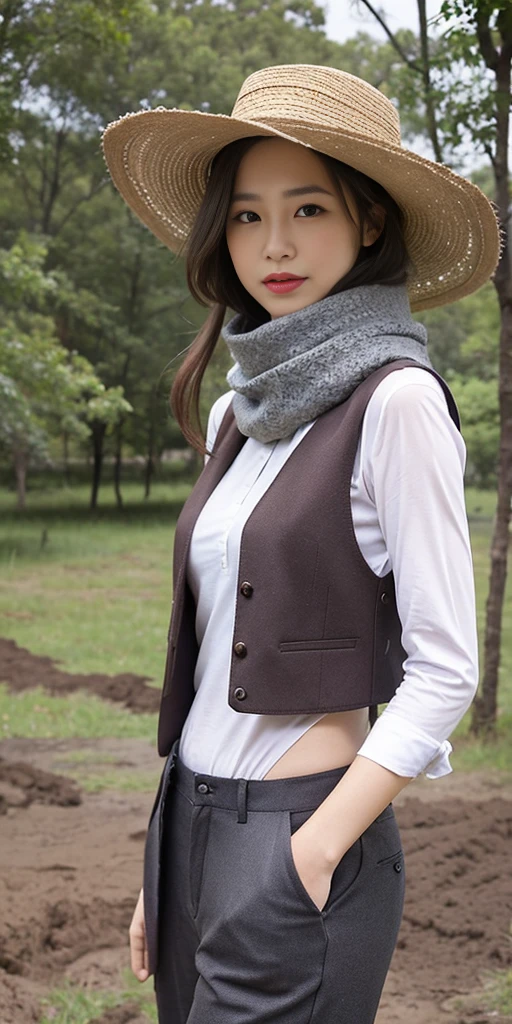 portrait of beautiful women in muddy farm:1.2 , cowboy hat, fringed waistcoat , trousers, scarf , confidence , medium breast,