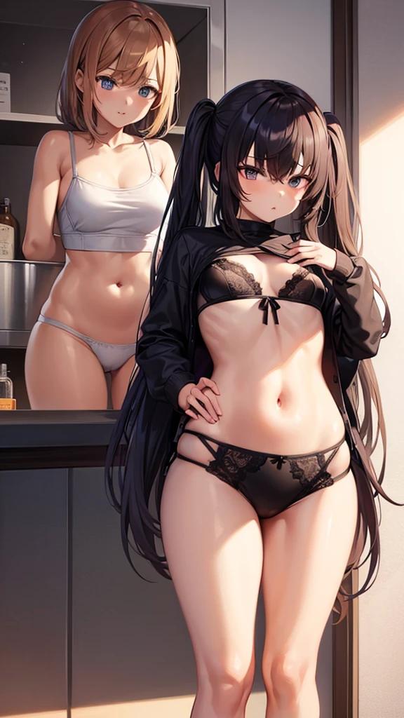 2girls, underwear, tight shirt, lingerie, big chest, long torso, shiny skin, reaching from the top of a cupboard