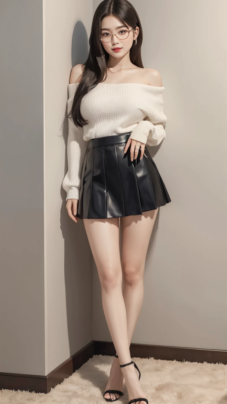 (Best quality, masterpiece, detailed), (RAW, 4k, hd images), shy, 1 girl, 17 years old, white skin, long hair, ponytail, layers hair, bangs, black hair, beautiful girl, cute girl, sweet girl, pretty girl, perfect girl, pretty eyes, blue eyes, thin lips, thin, (eye line, lip stick soft), perfect , glasses(detailed frame), room, smile, thigh, legs, feet, white off shoulder clothes, black short skirt, standing, plain wall background, pose like a model, facing on camera, full body with feet, feet with high heels, potrait, fine face