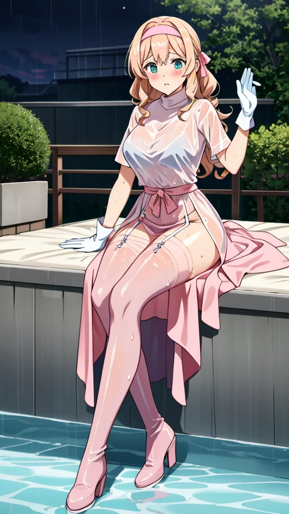 Full body depiction on screen,　Glaring Eyes　Showing disgust　Blonde Long Hair　anime　Romanesque style　 Super Curly Hair　Super long sideburns　Wet and transparent salmon pink turtleneck wedding dress　cuteポージング　Pool at night　Droopy eyes　Ribbon headband　天蓋付きのcuteベッド　Aqua Blue Rubber Sheets　Aqua Blue Rubber Bed　Sitting　Sad face　Embarrassing　Blushing　Wet and see-through salmon pink berry long skirt　Wet and see-through salmon pink tights　Wet and see-through salmon pink underwear　Metal luster　Chest mesh　Multiple ribbons　Soaked in the rain　Wet and see-through salmon pink super long gloves　Wet and see-through salmon pink pantyhose　Wet and transparent shocking pink garter belt　cute　Pitiful　clear　Big eyes　Droopy eyes　Pale pink rouge　Shocking Pink Pink Long Boots　Wet and see-through salmon pink bodysuit