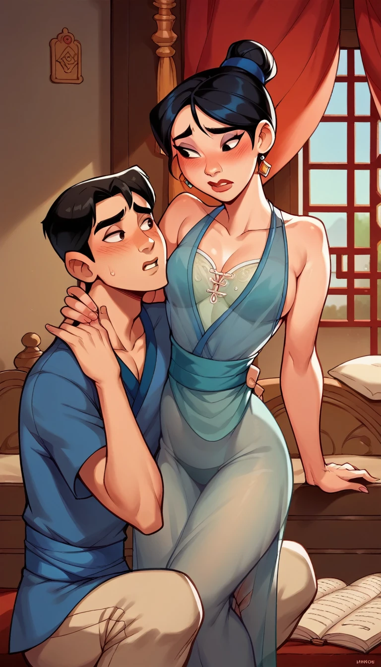 score_9, score_8_climb, score_7_climb, score_6_climb, MulanXLP, Single hair bun,blushing, Mesh series ,see through ,,sexually suggestive, Bedroom, Chinese Palace,disney, Dutch corner, 1 boy,