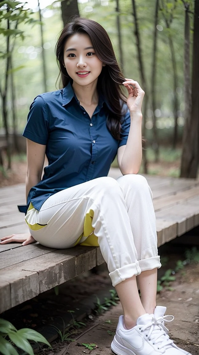 masterpiece, best quality, Surreal, Ultra Detailed, 8k resolution, RAW photos, Clear focus, (A girl in the forest), ((navy blue shirt:1.1)), Short sleeve, Long sweatpants,Full body posture, Solitary, Perfect body, Become a, 32 inches in the chest,(a charming smile:1), (sexy pose),26 years old, light,White shoes