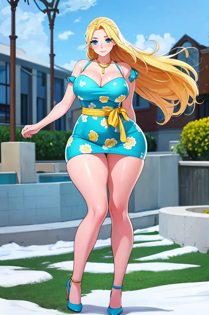 An extremely beautiful stunning voluptuous woman, with gold blonde long silky hair, big blue oceanic eyes, extremely super bright snow white fair stunning flawless glowing lush shiny white complexion, flawless skin, a perfect tight hourglass figure, and a skinny waist, sexy thick smooth luscious legs and thighs, wearing a short sexy tight revealing sky-blue floral dress with threads along with a yellow sash on the waist, yellow heels, gold necklace on the neck, gold anklets on feet, gold chain on the waist, standing straight, extremely cute smile on the face, bright pink blushes on cheeks, holding a pink purse, kids park in the background, show full body from head to feet.