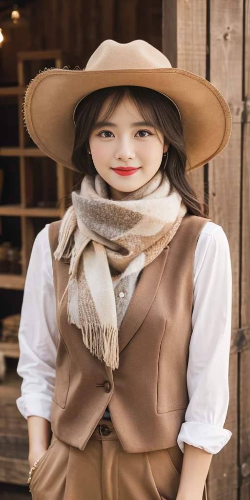 portrait of beautiful women in muddy farm:1.2 , cowboy hat, fringed waistcoat , trousers, scarf , confidence , medium breast,