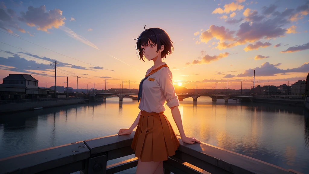 Anime girl watching the sunset on a bridge, The girl has kind eyes,Bridge over the canal, Girl in uniform, silhouette, Orange sunset sky, Makoto Shinkai style, Makoto Shinkai style, 2D