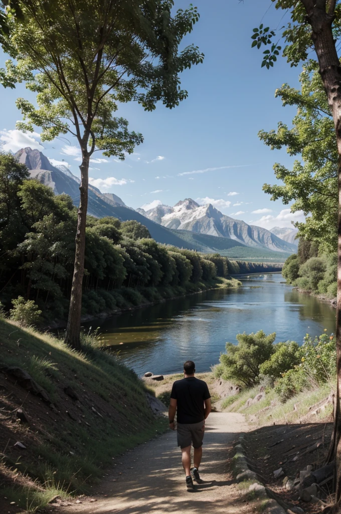 A 39 year old man walks by the river and there are shady trees and beautiful mountains