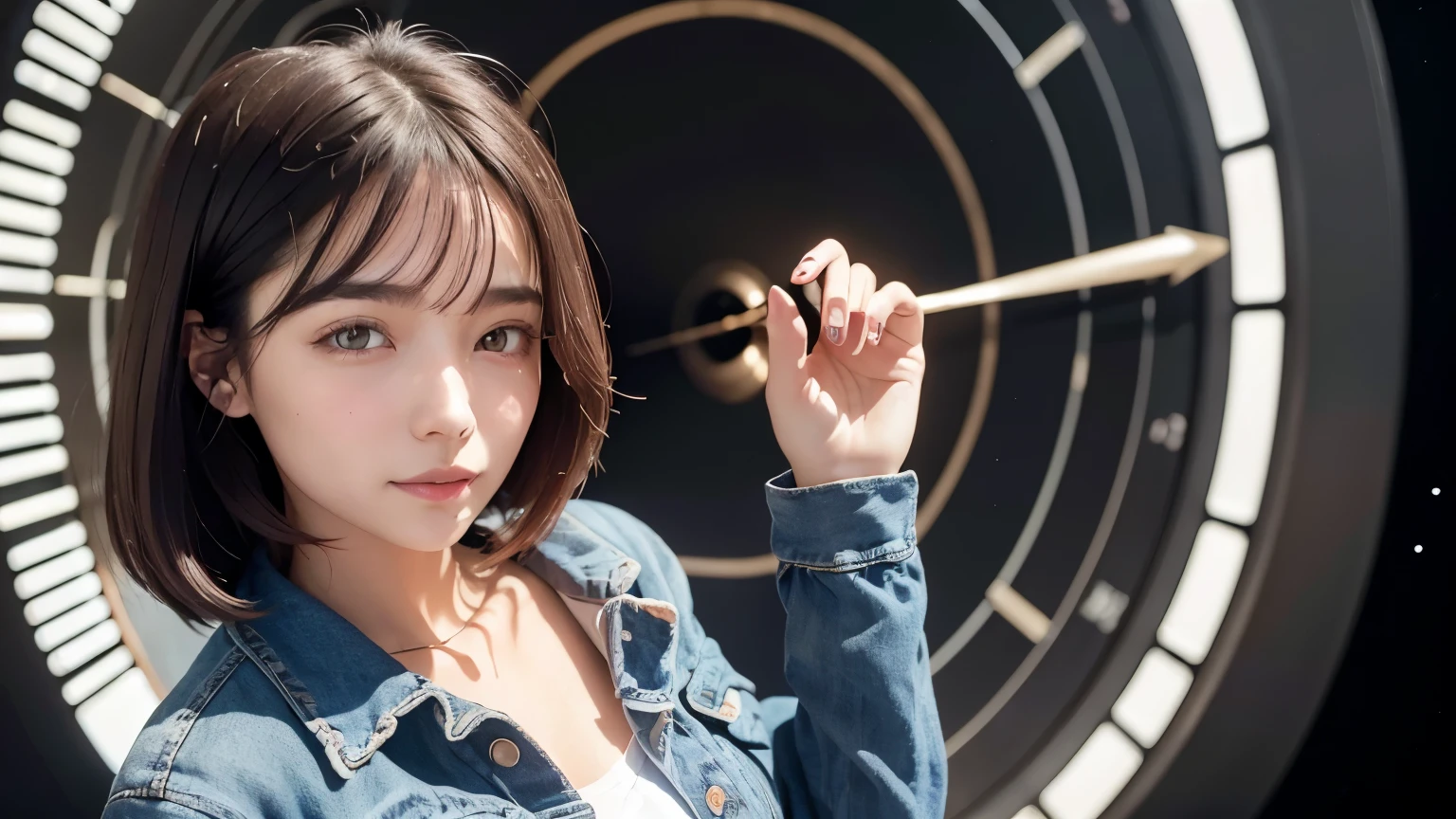 A beautiful woman. Dark brown hair. Twenty years old. She is looking at the camera with a defiant expression. She wears blue jeans as a jacket. An image of outer space and a large clock in the space behind her.