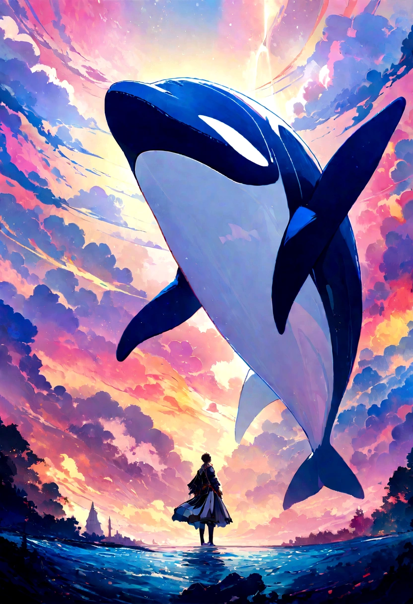 Picture of a killer whale swimming in a colorful sea, Look up the composition,Whale in the Sky, Inspired by Cyril Rolland, Dreamy psychedelic anime, Colorful anime movie background, Beautiful artwork illustration, author:Shitao, Colorful concept art, Makoto Shinkai Cyril Roland, In the style of Cyril Rolland, Flying Whale, Very detailedな水彩画8K, Very detailedな水彩画8 K,Octane Number,end,Realistic,8K,Estilo Makoto Shinkai( Streamlined Design, Clear lines, High sharpness,Highest quality, Very detailed, Master Parts, Film Light Effect, 4K )