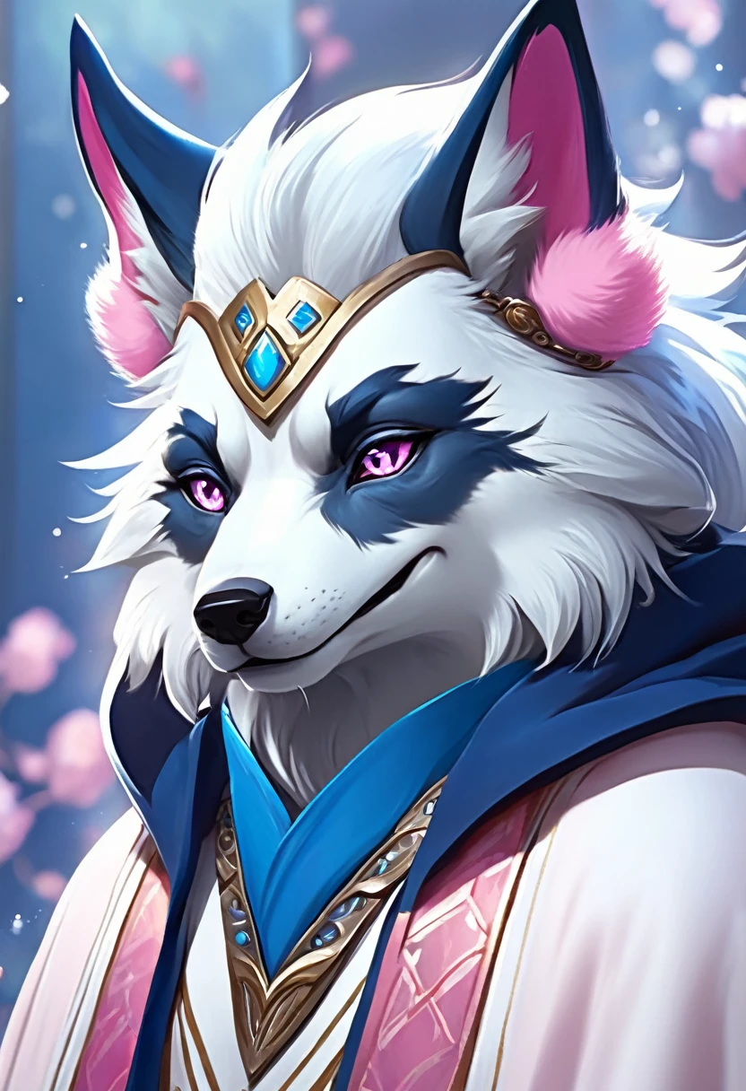 (masterpiece:1.4),(best quality:1.4),((Detailed facial features)),Wolf，male，Mage Clothing，robe，Blue and white fur，Glasses，Orcs，Orcs脸，delicate and pretty，Wolf脸，cute，Young，Introvert，精灵Wolf，Facial details，happy，Smile，Pink white ears，Light blue bangs，Dark blue ears，Pink and white inside of the ear