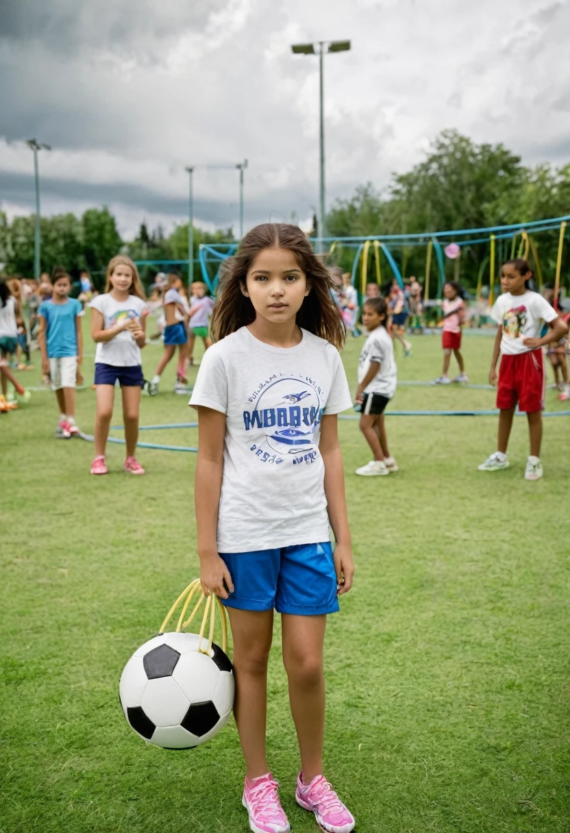 Italy. A realistic image of a at a summer recreational center at a sports facility, surrounded by many children. She is wearing shorts and a t-shirt. The sky is very cloudy, indicating an overcast day. The girl is at the center of the image, engaging with the children around her. The background shows various sports equipment and activities typical of a summer camp, such as a soccer ball, jump ropes, and hula hoops. The setting includes a mix of grassy areas and playground structures. The overall atmosphere is lively and cheerful despite the cloudy weather