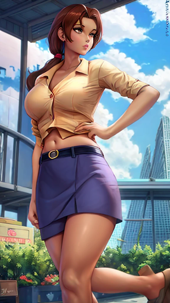 A girl with light skin, sexy, cute, leaders, long brown hair, her brown eye, wears a pink button-down blouse, shows her navel, and a short blue skirt, black shoe, and she travels, flying, sky, city background.