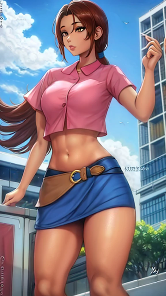 A girl with light skin, sexy, cute, leaders, long brown hair, her brown eye, wears a pink button-down blouse, shows her navel, and a short blue skirt, black shoe, and she travels, flying, sky, city background.