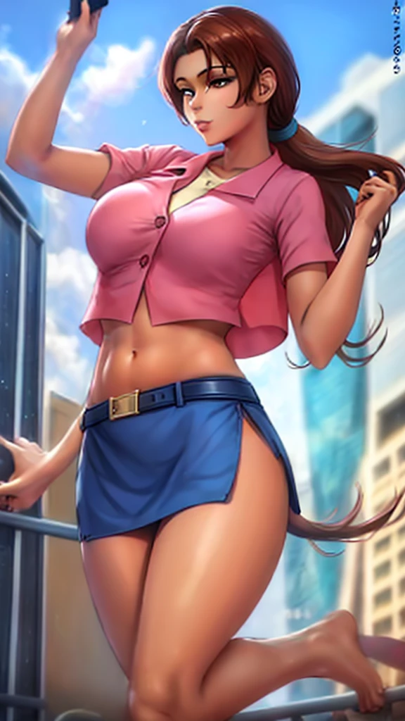 A girl with light skin, sexy, cute, leaders, long brown hair, her brown eye, wears a pink button-down blouse, shows her navel, and a short blue skirt, black shoe, and she travels, flying, sky, city background.