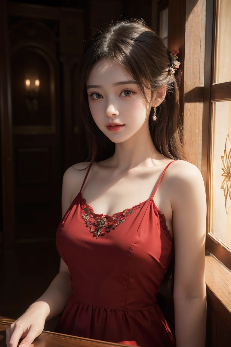 Ultra-realistic 8K CG, perfection, clean, masterpiece, Professional artwork, Famous works of art, Cinema Lighting, Film Blossom, Fantasy, Fantasy, Fantasy, sf, Charm, adorable expression, Intricate details, 16 year old girl in a red chiffon dress, Highest quality, Realistic photos, Shining Face, A faint sweet smile