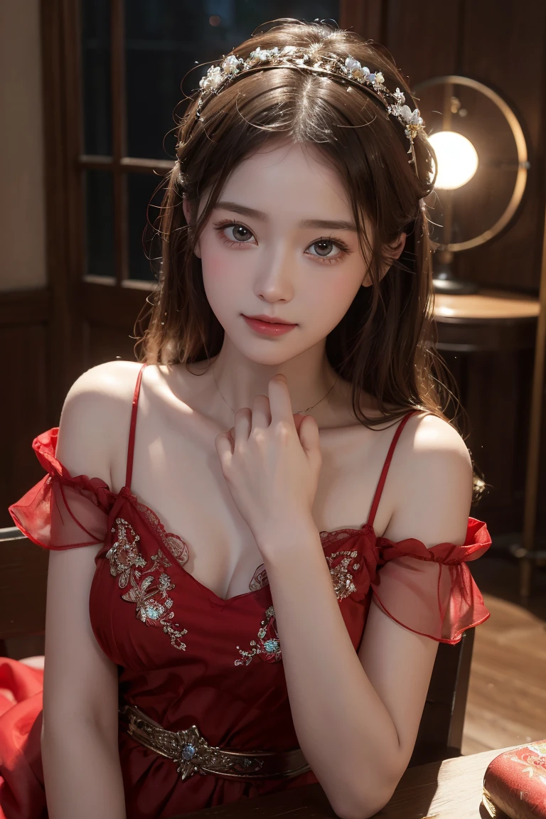 Ultra-realistic 8K CG, perfection, clean, masterpiece, Professional artwork, Famous works of art, Cinema Lighting, Film Blossom, Fantasy, Fantasy, Fantasy, sf, Charm, adorable expression, Intricate details, 16 year old girl in a red chiffon dress, Highest quality, Realistic photos, Shining Face, A faint sweet smile