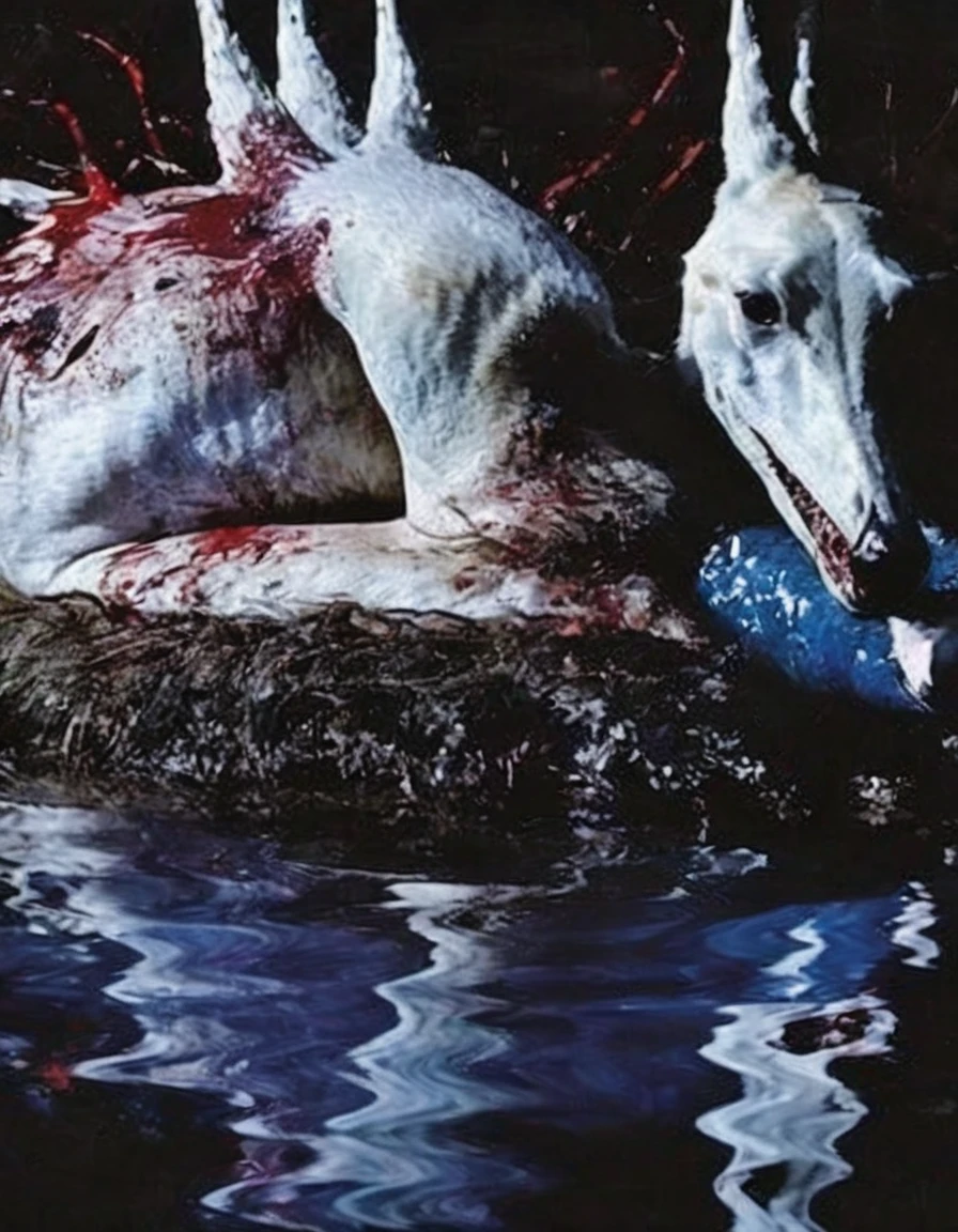 film photography, vintage, close up photo of white swan covered in blood in black water, blue dark forest night background
