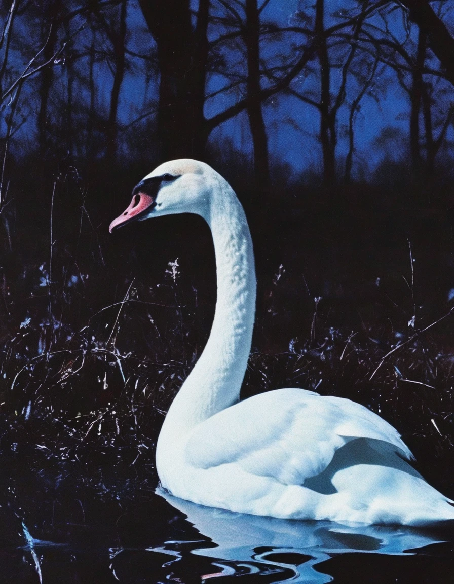 film photography, vintage, close up photo of white swan covered in blood in black water, blue dark forest night background
