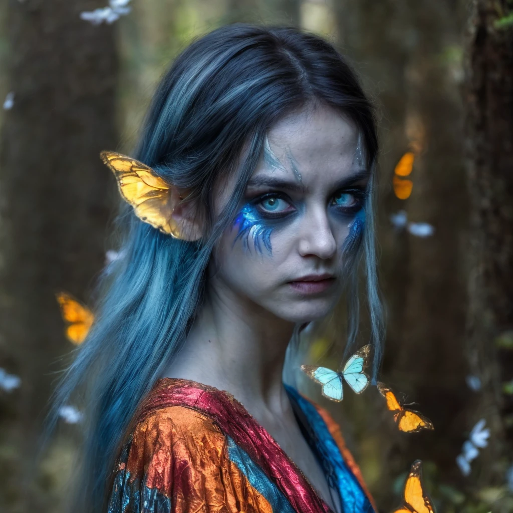 (masterpiece)+, (extremely (realistic)+,a portrait of an extremely beautiful young fey bard , blue empty alien eyes, Extremely sharp facial features, Wearing rainbow garb, Dreamy stare. Looking in camera. volumetrics dtx, Photorealistic, ultra detailed, Artstation trending, very very detailed, realistic shaded lighting, dynamic shadows, detailed Forest background, upper body, professional photograph of a detailed skin, sharp focus, dramatic, award winning, cinematic lighting, octane render, unreal engine, volumetrics dtx, Photorealistic, ultra detailed, Artstation trending, very very detailed, hyperrealistic, fine details, realistic shaded lighting, dynamic shadows, Forest background, add_detail:1, skin pores and wrinkles, details.,More Reasonable Details