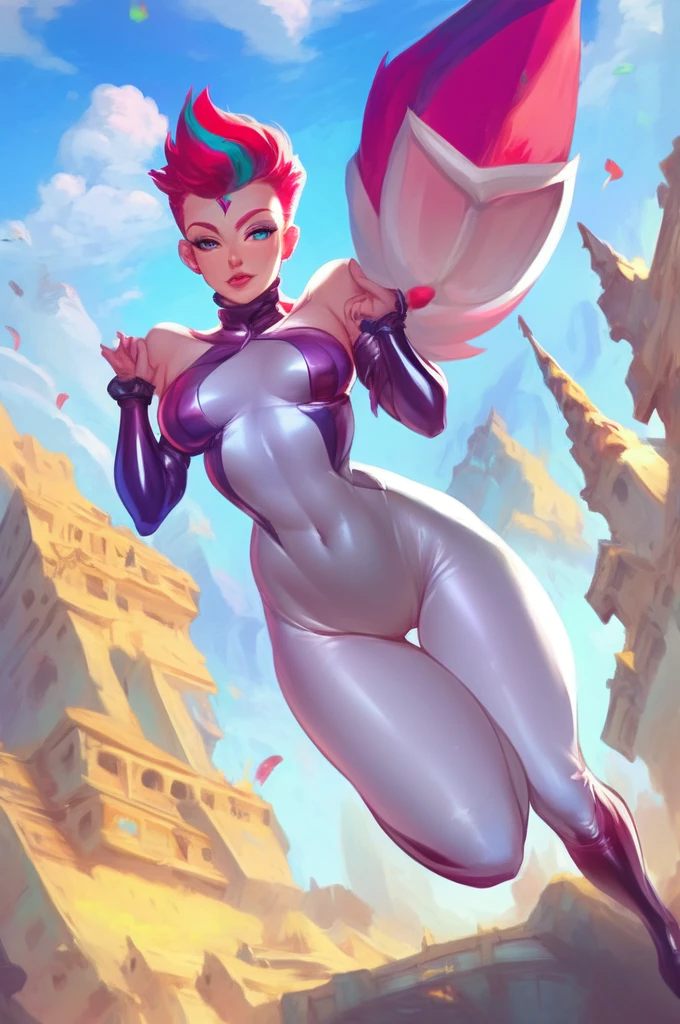 (score_9:1.1) human zipp, looking at viewer, dutch angle shot, Human female, full body, standing, latex white bodysuit