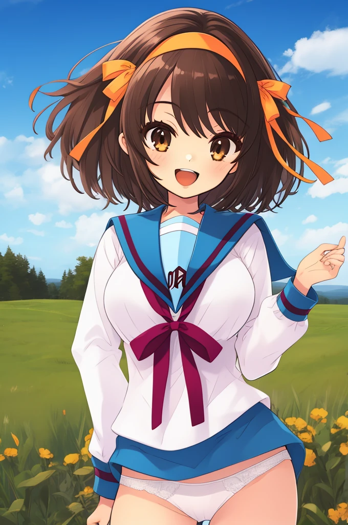 1girl, cowboy shot, field, smile, open mouth, 
haruhisuzumiya, brown eyes, brown hair, medium hair, hair ribbon, hairband, kita high , serafuku, sailor collar, white shirt, long_sleeves, no_pants,panties,white_panties,best quality, masterpiece, highres, 