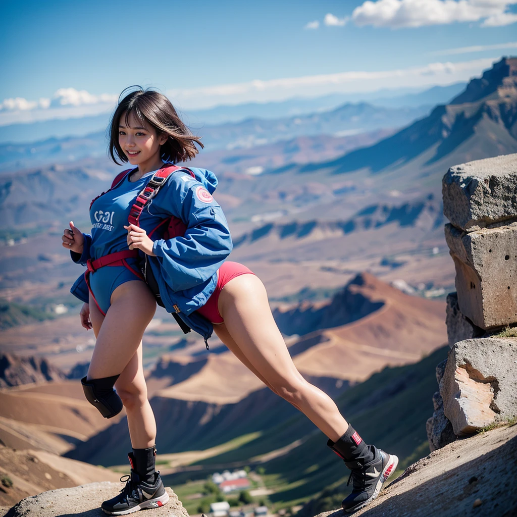 From below, Photo of a beautiful Japanese young idol, floating in the air, midair, skydiving, 10 meters high, cityscape, smiling politely, short hair, wearing a revealing swimsuit, Zero-gravity Boots, ultra-detailed,natural lighting,vibrant colors, full-body, wide-angle lens