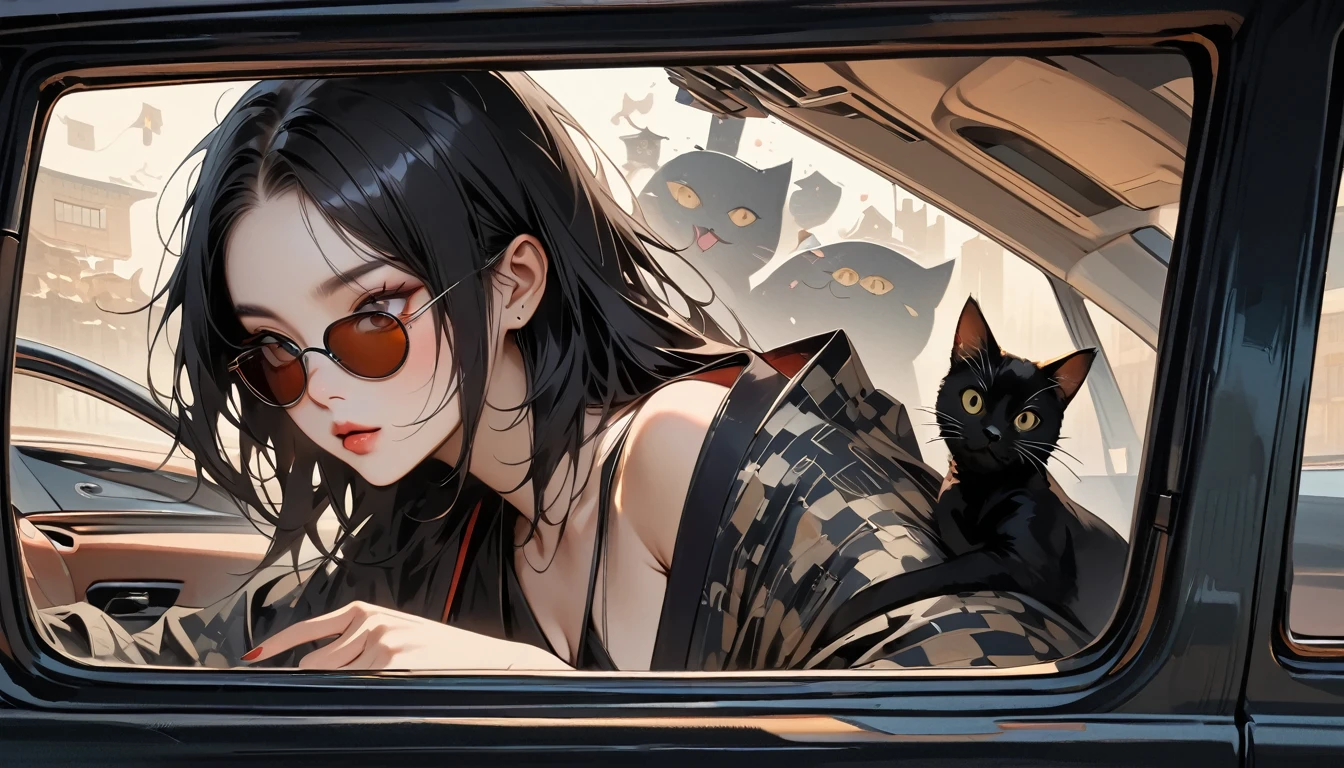 ((Masterpiece, high resolution, highest quality, highest quality real texture skin)), (1 girl), (wearing Japanese pattern headphones), (slender, double round and large Eyes, tongue slightly sticking out, beautiful lips, whole body), outer box: 1.2, (wearing Japanese pattern haori: 1.4, Japanese pattern shorts: 1.3) , (black hair, beautiful shiny hair, bob, beige skin), (((Car navigation system screen))), (((sunglasses))), (((One black cat))), (Black hair, messy hair, beige skin), (surreal, digital painting)
