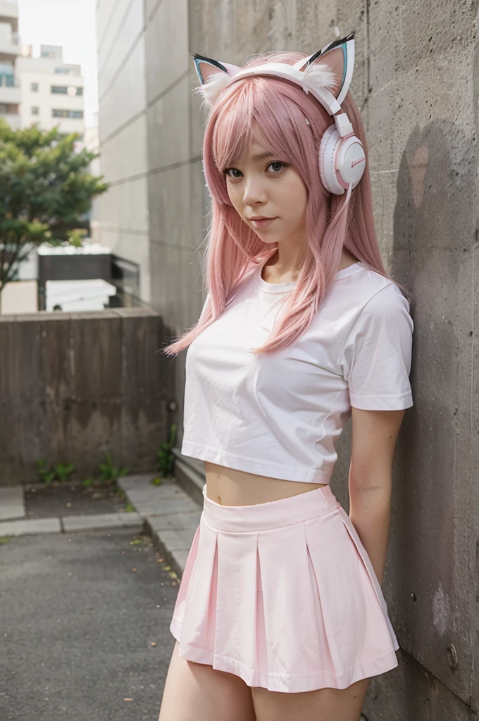 Pink-haired girl wearing cat ear headphones, a short white shirt, and a skirt