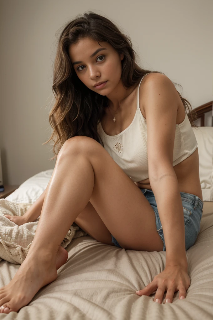 Portrait d'une magnifique femme brune légère colombienne, 22 ans, wavy hair showing her feet. she wears shorts and a tank top, lies in bed, yeux parfaits, des mains parfaites, corps parfait, cheveux parfaits, cheveux derrière l&#39;oreille, uhd, retina, masterpiece, accurate, anatomically correct, textured skin, great detail, high details, High quality, prime, best quality, high resolution, 16K, 8K, hyper realistic