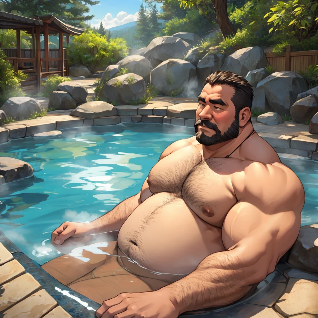 Soaking in a hot spring、A large, overweight, muscular middle-aged man