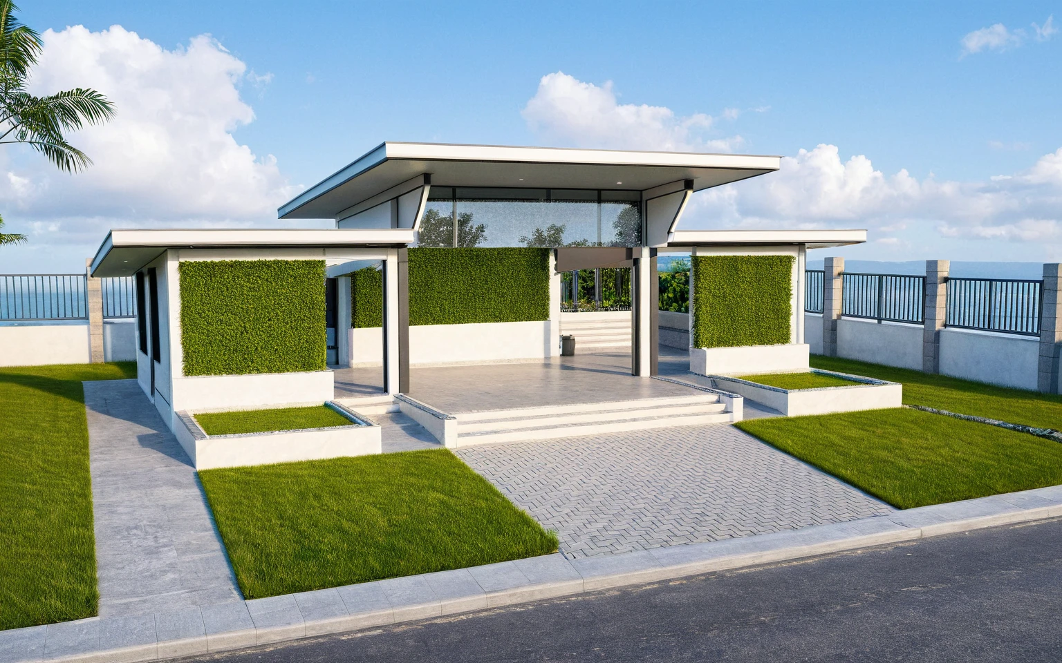 Masterpiece, high quality, best quality, authentic, super detail, outdoors, huts style modern, white wall, glass windows, gate road,pavement, grass, trees,blue sky, cloud, (day:1.1), realistic lighting