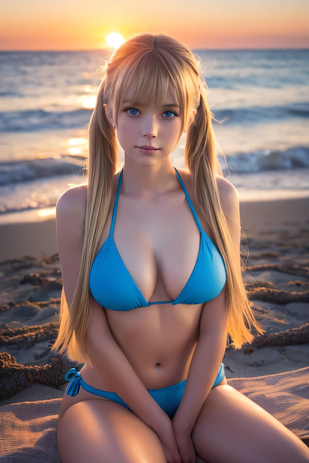 masterpiece, Highest quality, One girl, alone, Sun, Blonde, Long Hair, Twin tails, Swept-apart bangs, blue eyes, bikini, Sitting, Beach, sunset, cloud, Lens flare, Detailed Background