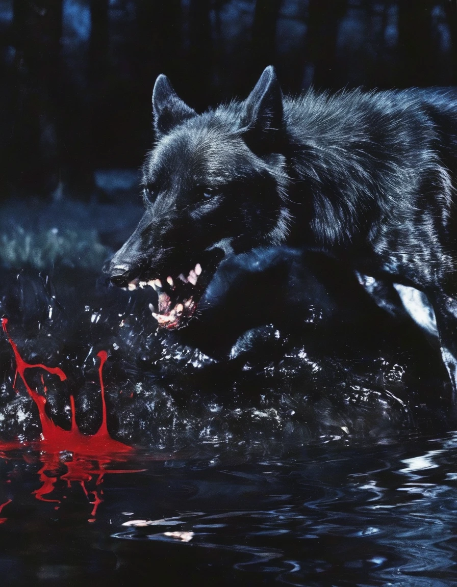 film photography, vintage, close up photo of black wolf eating white swan covered in blood in black water, blue dark forest night background